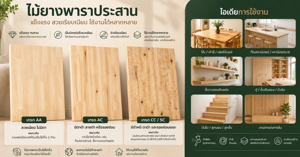 ไม้ยางพาราประสานหลากหลายเกรด สำหรับงานเฟอร์นิเจอร์และงานบิ้วอิน
