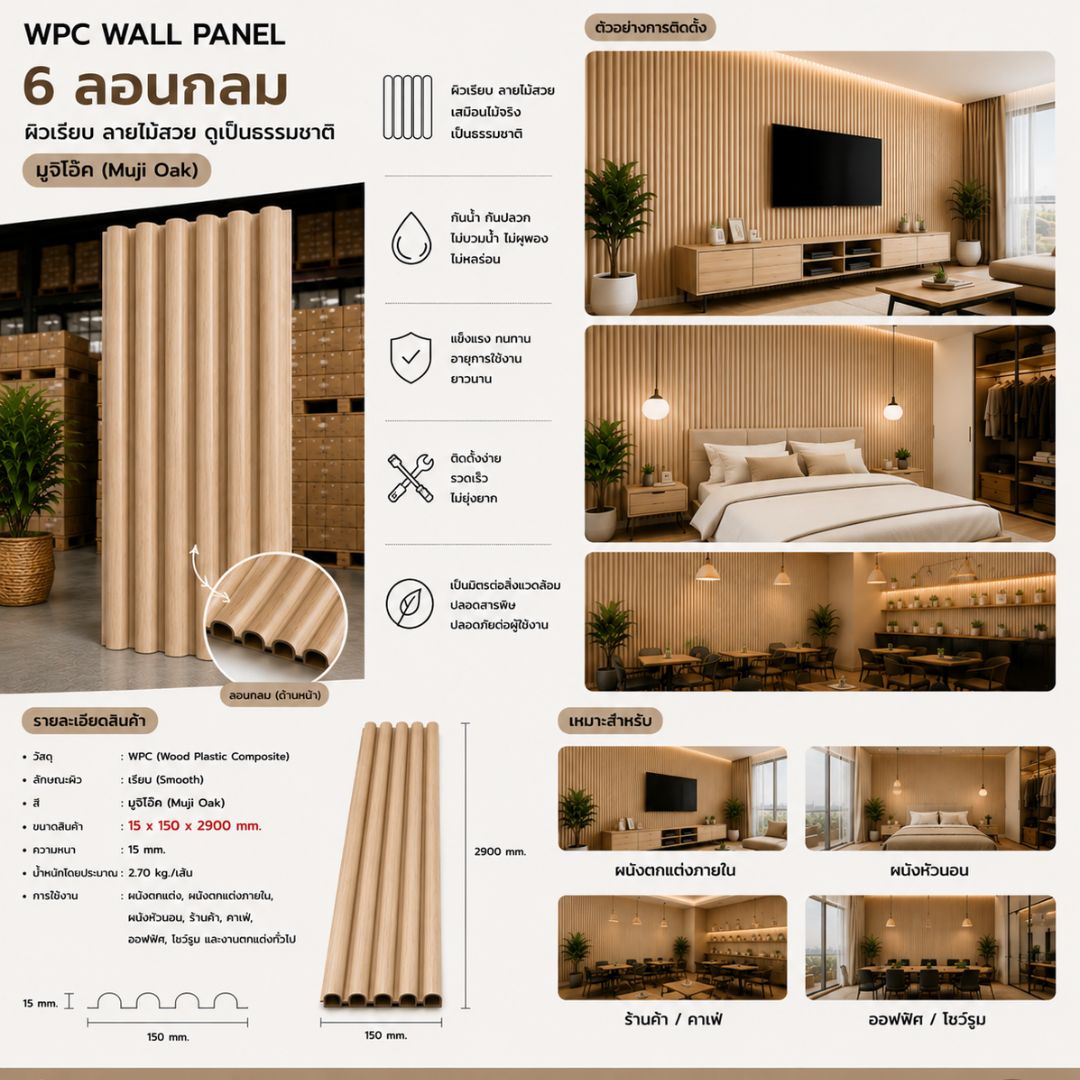 WPC PANEL 6ลอนกลม รหัส 608 8005903-26 (มูจิ โอ๊ค) 15x150x2900mm - Image 4